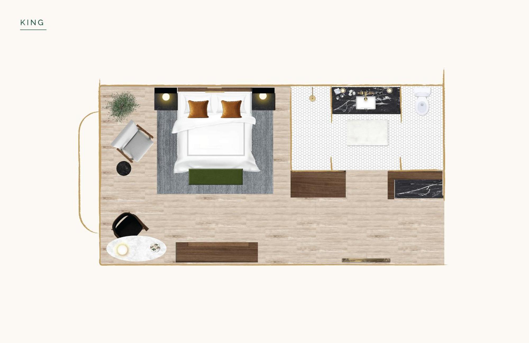 Habitación con cama extragrande y vistas a la piscina